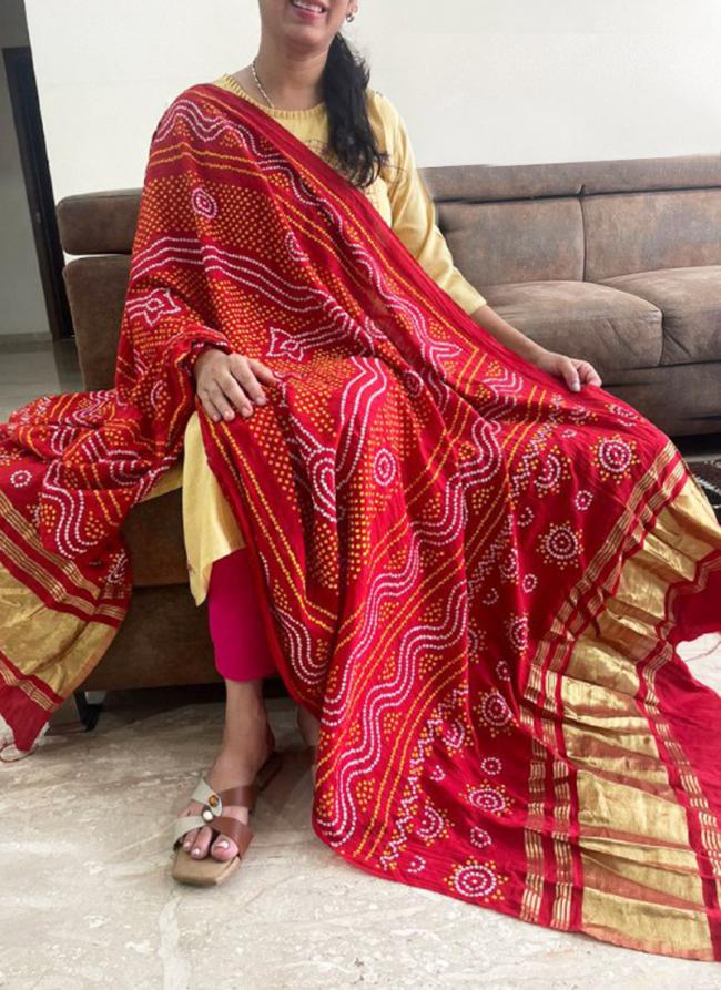 Silk Red Casual Wear Bandhani Print Dupatta